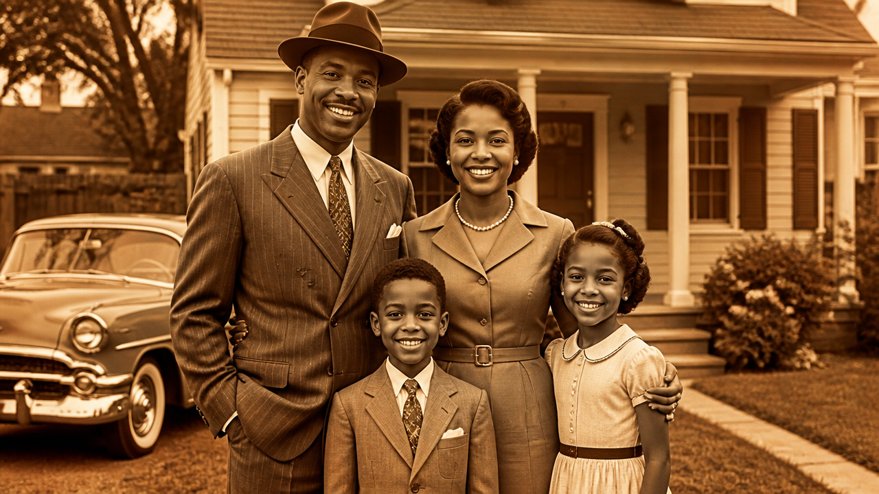 A prosperous black family from the 1950s standing in front of their home